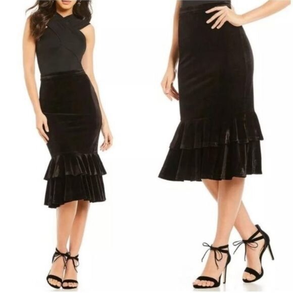 Gianni Bini Layla Skirt Midi Black Velvet Ruffle Hem Tiered Size XS New - Picture 10 of 10